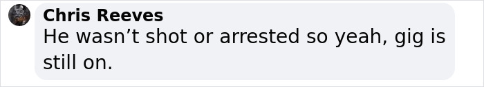 Chris Reeves text message discussing a shooting incident and a gig update. Chris Reeves text message discussing a shooting incident and a gig update.