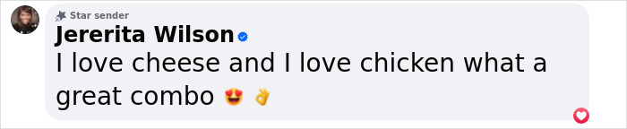 Comment praising chicken rings combo with cheese emojis. Comment praising chicken rings combo with cheese emojis.