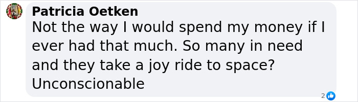 Text screenshot criticizing Blue Origin space trip as wasteful. Text screenshot criticizing Blue Origin space trip as wasteful.