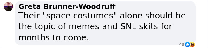 Text from Greta Brunner-Woodruff on space costumes and memes about Blue Origin trip. Text from Greta Brunner-Woodruff on space costumes and memes about Blue Origin trip.
