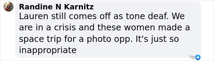 Text criticizing space trip during crisis, highlighting tone-deafness and appropriateness of the action. Text criticizing space trip during crisis, highlighting tone-deafness and appropriateness of the action.