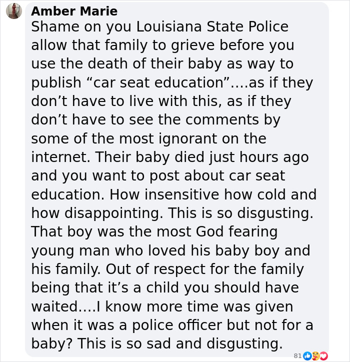Text criticizing Louisiana State Police for insensitivity after TikTok star 'Okay Baby' accident. Text criticizing Louisiana State Police for insensitivity after TikTok star 'Okay Baby' accident.