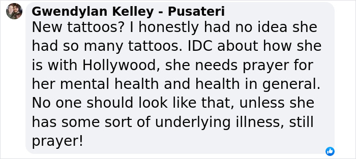 Comment discussing Ariana Grande's tattoos and mental health. Comment discussing Ariana Grande's tattoos and mental health.