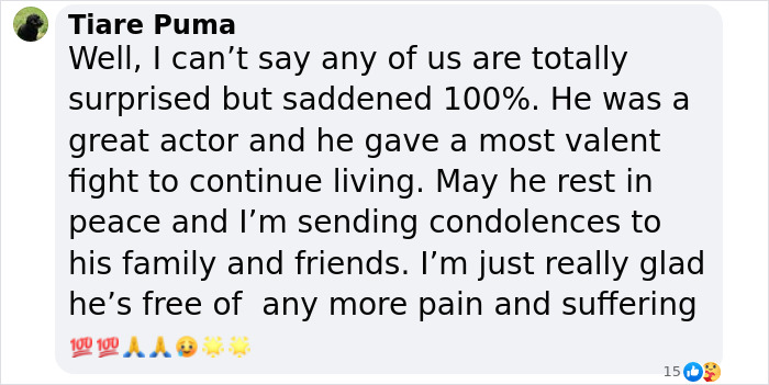 Comment expressing condolences for Val Kilmer's loneliness and praising his acting career with emojis of prayer and sunshine. Comment expressing condolences for Val Kilmer's loneliness and praising his acting career with emojis of prayer and sunshine.