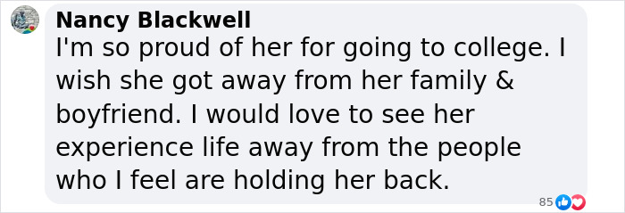 Comment expressing pride in Honey Boo Boo attending college, wishing she'd distance from family and boyfriend. Comment expressing pride in Honey Boo Boo attending college, wishing she'd distance from family and boyfriend.