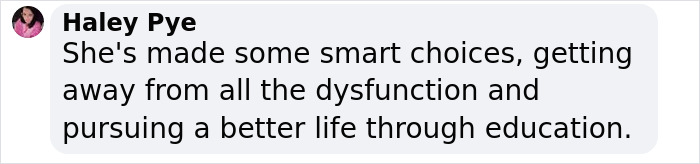 Text comment by Haley Pye about Honey Boo Boo's life choices and education. Text comment by Haley Pye about Honey Boo Boo's life choices and education.