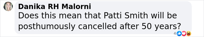 Comment mentioning Patti Smith and questioning her legacy after 50 years. Comment mentioning Patti Smith and questioning her legacy after 50 years.