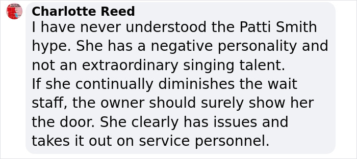 Negative review about punk rock legend Patti Smith's behavior at NYC restaurants. Negative review about punk rock legend Patti Smith's behavior at NYC restaurants.