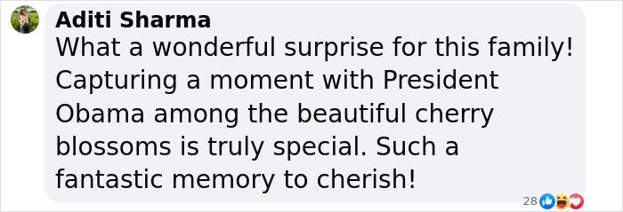 Comment about Barack Obama's surprise appearance in a family photo among cherry blossoms, creating a cherished memory. Comment about Barack Obama's surprise appearance in a family photo among cherry blossoms, creating a cherished memory.