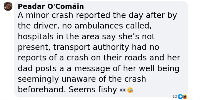 Social media post questioning "fishy" details involving Prince Andrew's accuser's crash report. Social media post questioning "fishy" details involving Prince Andrew's accuser's crash report.