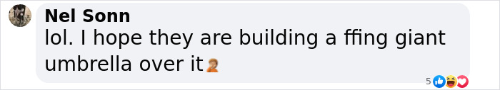 Text message about new theme park in Bedford, UK with a comment hoping for a giant umbrella. Text message about new theme park in Bedford, UK with a comment hoping for a giant umbrella.