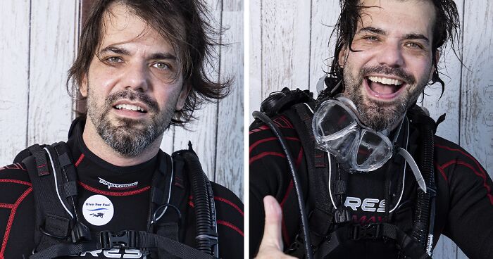 Man before and after his dive, wearing scuba gear with noticeable difference and a thumbs-up gesture after the dive.