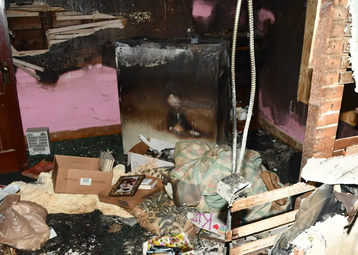 Disturbing photo of damaged room with debris, linked to horror house where stepson was allegedly held captive. Disturbing photo of damaged room with debris, linked to horror house where stepson was allegedly held captive.