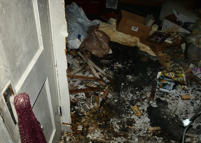 Disturbing photo of messy room in horror house, debris scattered across the floor, showing neglect and disarray. Disturbing photo of messy room in horror house, debris scattered across the floor, showing neglect and disarray.