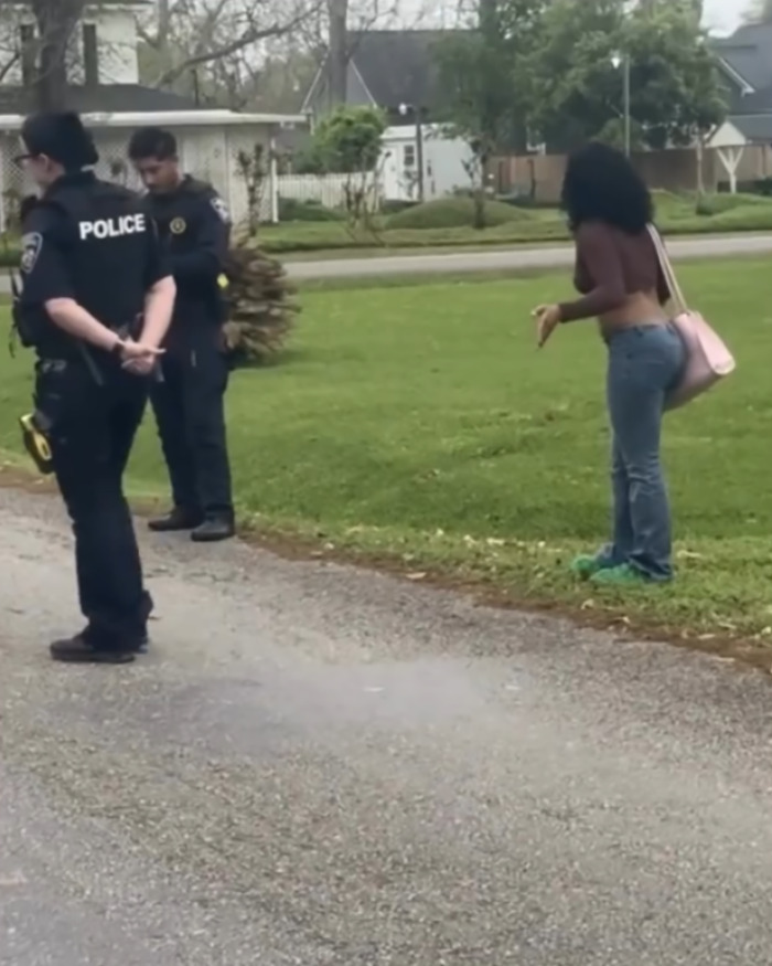 Police detain a Black woman on a residential street, while officers stand nearby with a subdued manner. Police detain a Black woman on a residential street, while officers stand nearby with a subdued manner.