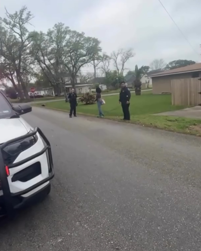 Police detaining a Black woman on a suburban road, with a police vehicle in the foreground. Police detaining a Black woman on a suburban road, with a police vehicle in the foreground.