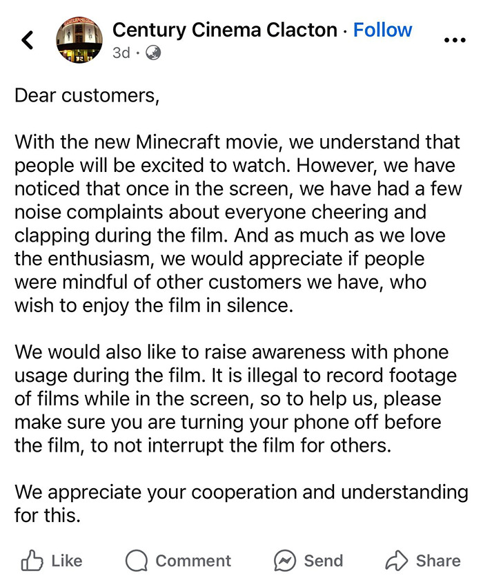 Century Cinema Clacton addresses noise issues during Minecraft movie screening due to a TikTok trend. Century Cinema Clacton addresses noise issues during Minecraft movie screening due to a TikTok trend.