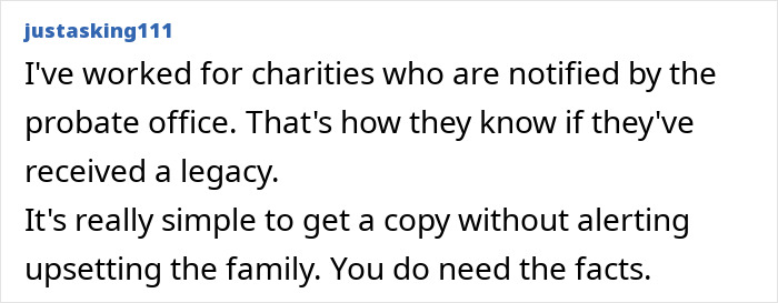 Text comment discussing getting notified about legacies by probate office, relating to moral inheritance decision. Text comment discussing getting notified about legacies by probate office, relating to moral inheritance decision.