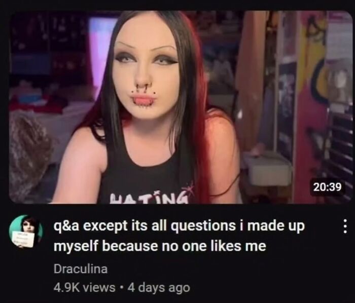 Person with piercings in a humorous meme about self-created Q&A sessions, reflecting relatable social themes.