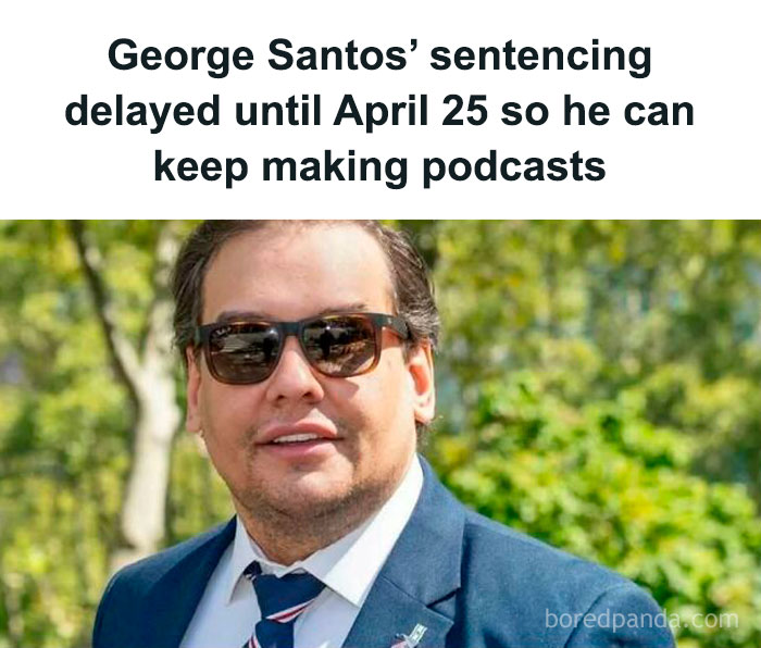 Man in sunglasses and suit outdoors with headline about delayed sentencing for podcasting.