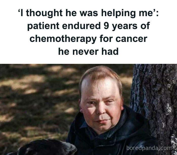 Man sitting outdoors with a dog, highlighting an unbelievable incident involving fake medical treatment.
