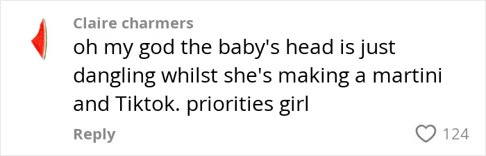 Comment criticizing a mom for "dangling" a newborn while making a martini, emphasizing concerns about child safety. Comment criticizing a mom for "dangling" a newborn while making a martini, emphasizing concerns about child safety.
