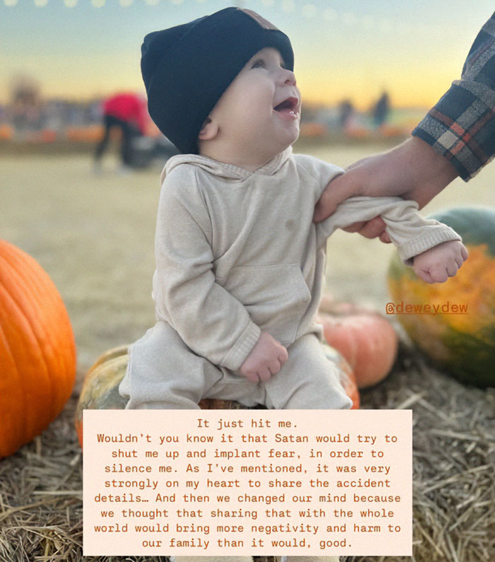 22-month-old child in a pumpkin patch, wearing a black hat, with text about a tragedy involving a parenting influencer. 22-month-old child in a pumpkin patch, wearing a black hat, with text about a tragedy involving a parenting influencer.