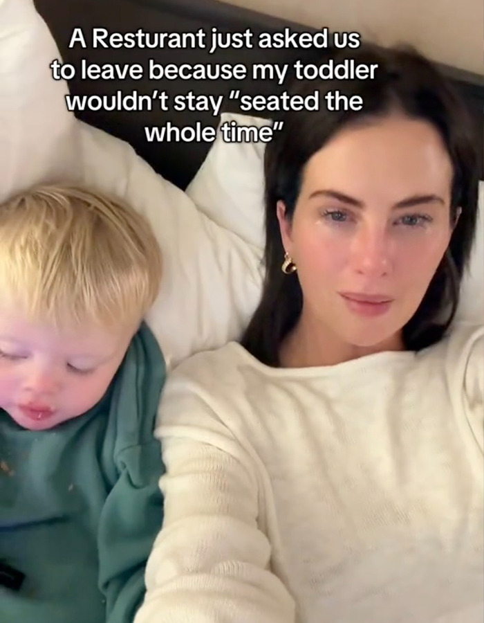 Entitled mom with toddler, discussing restaurant incident over seating issues. Entitled mom with toddler, discussing restaurant incident over seating issues.