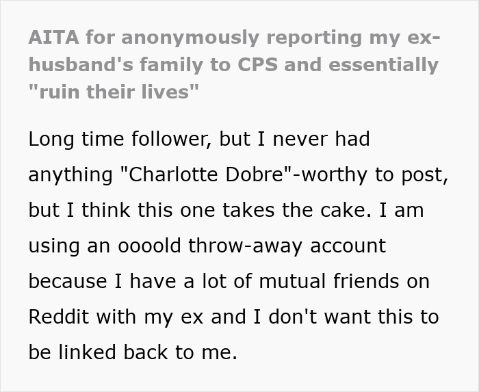 Text from Reddit user discussing reporting to CPS regarding daughter's eating disorder. Text from Reddit user discussing reporting to CPS regarding daughter's eating disorder.