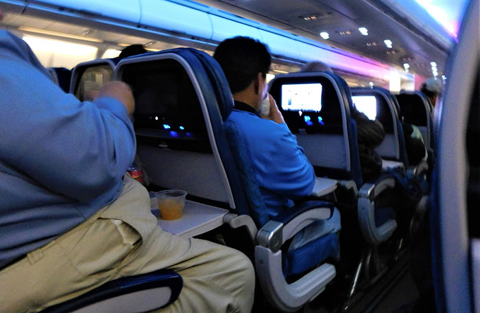 Plane passengers seated in a dimly lit cabin, one using the in-flight entertainment system. Plane passengers seated in a dimly lit cabin, one using the in-flight entertainment system.