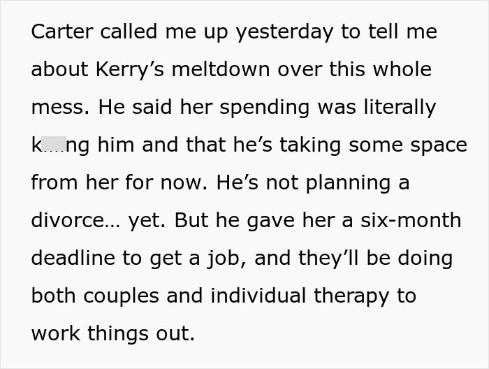 Text message about a couple's financial and therapy issues. Text message about a couple's financial and therapy issues.