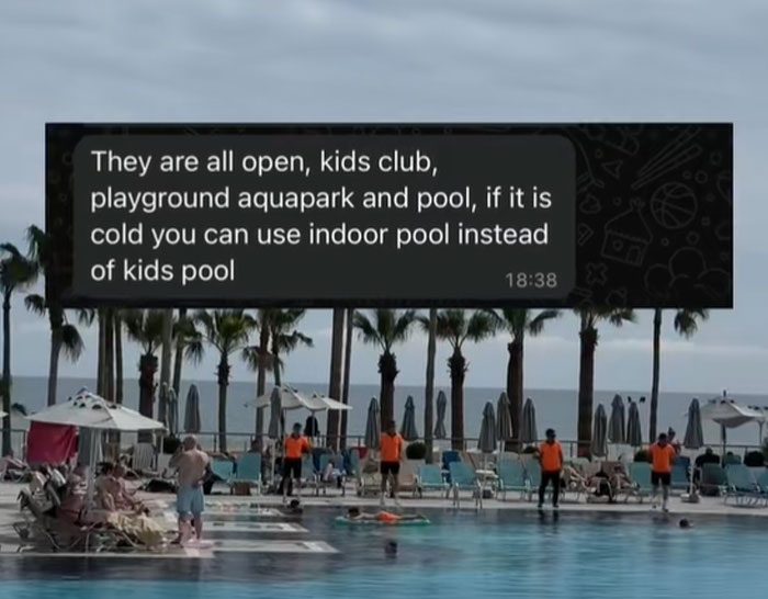 Resort in Turkey features a pool area with palm trees and a message about open facilities and indoor pool options. Resort in Turkey features a pool area with palm trees and a message about open facilities and indoor pool options.