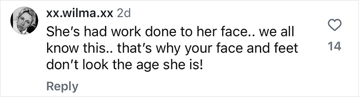 Comment on Sharon Osbourne's photo accusing her of using an extreme filter, mentioning her face and feet. Comment on Sharon Osbourne's photo accusing her of using an extreme filter, mentioning her face and feet.