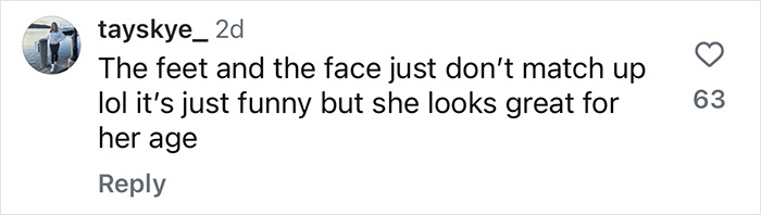 Instagram comment on Sharon Osbourne's family photo mentioning her feet and face not matching. Instagram comment on Sharon Osbourne's family photo mentioning her feet and face not matching.