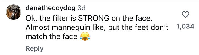 Comment highlighting the use of a strong face filter in a family photo, humorously noting the feet do not match. Comment highlighting the use of a strong face filter in a family photo, humorously noting the feet do not match.