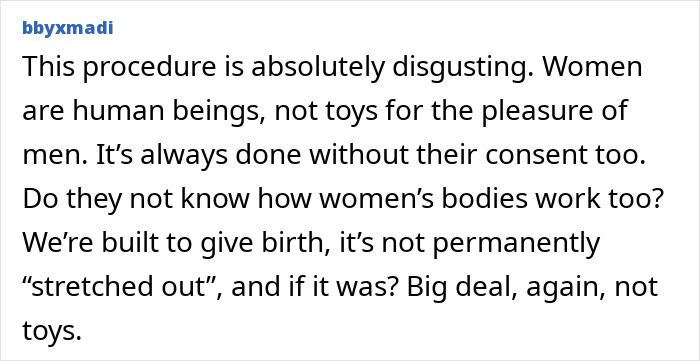 Text response criticizing a medical procedure and the lack of consent, emphasizing women's rights and bodily autonomy. Text response criticizing a medical procedure and the lack of consent, emphasizing women's rights and bodily autonomy.