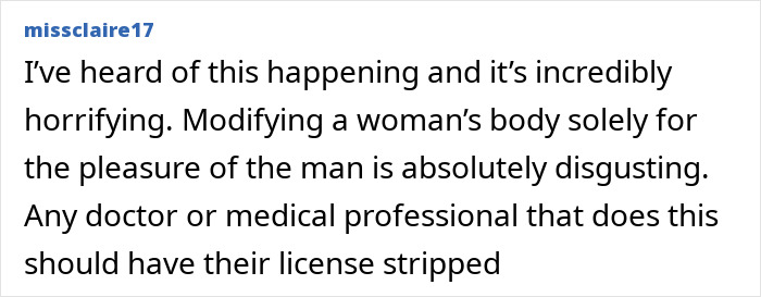 Comment expressing outrage at the "husband stitch," calling it dehumanizing and advocating for consequences for medical professionals. Comment expressing outrage at the "husband stitch," calling it dehumanizing and advocating for consequences for medical professionals.