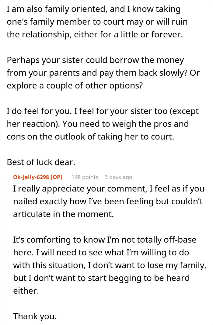 Reddit comment discussing sister and nephew family drama over $2,000 damages. Reddit comment discussing sister and nephew family drama over $2,000 damages.