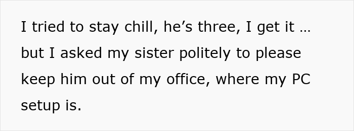 Text about hosting issues with sister, nephew, and PC setup in office. Text about hosting issues with sister, nephew, and PC setup in office.