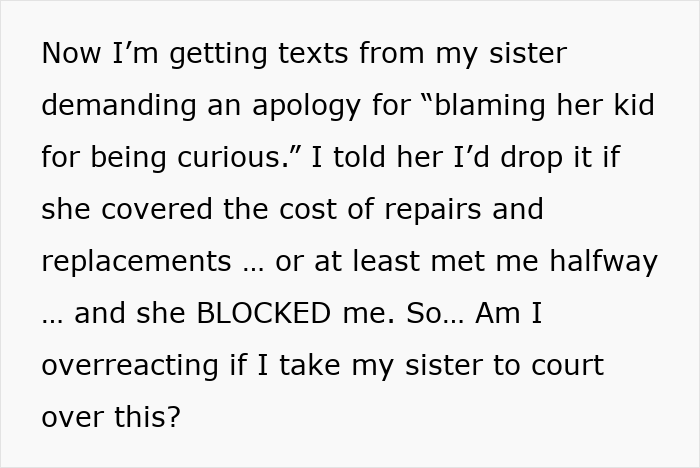 Text screenshot about a woman's regret hosting sister due to $2,000 damages and family drama. Text screenshot about a woman's regret hosting sister due to $2,000 damages and family drama.