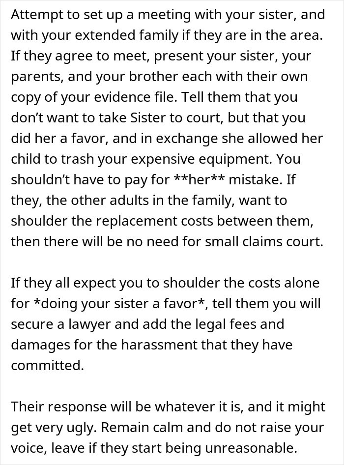 Text detailing family drama after hosting sister leads to damages and potential legal action. Text detailing family drama after hosting sister leads to damages and potential legal action.