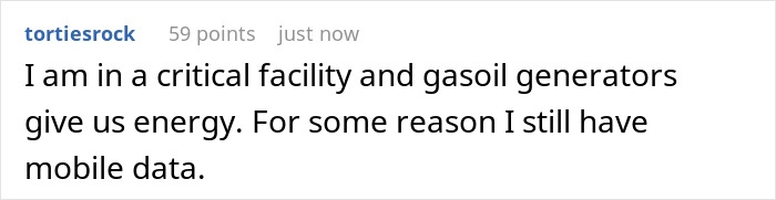 User comment about critical facility using gasoil generators for energy during blackout, highlighting impact on European blackout consequences. User comment about critical facility using gasoil generators for energy during blackout, highlighting impact on European blackout consequences.