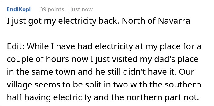 User comment discussing partial electricity restoration in Navarra amid a major blackout affecting millions across Europe. User comment discussing partial electricity restoration in Navarra amid a major blackout affecting millions across Europe.