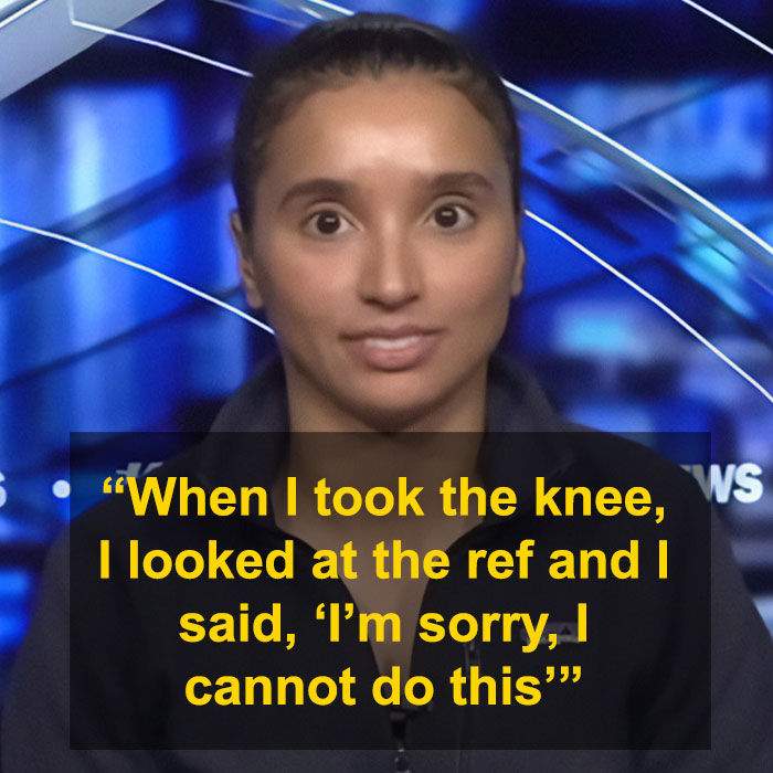 Female athlete discusses disqualification for refusal to compete due to trans opponent in interview setting. Female athlete discusses disqualification for refusal to compete due to trans opponent in interview setting.