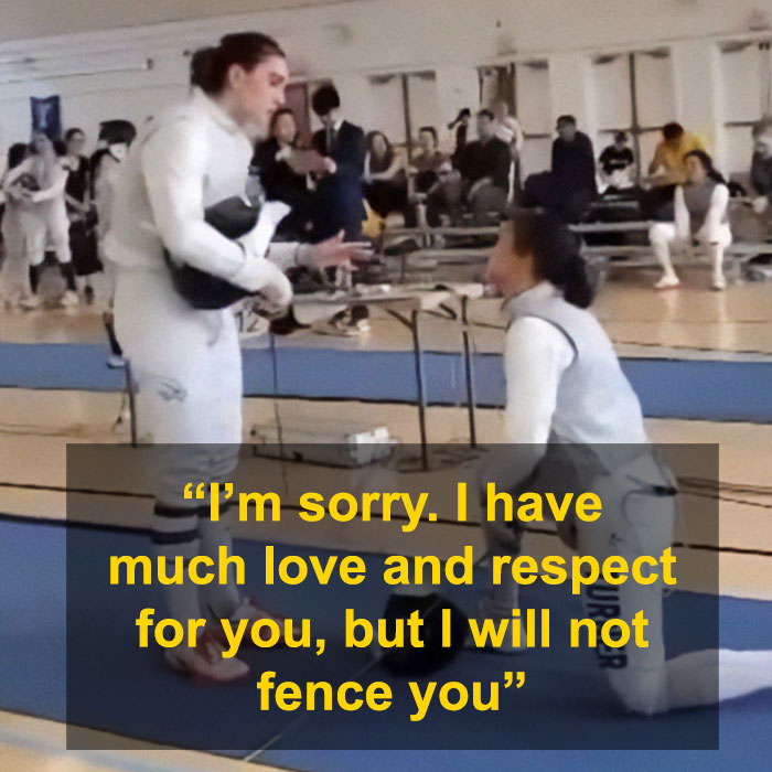 Female athlete in fencing gear refusing to compete, visible quote saying "I will not fence you. Female athlete in fencing gear refusing to compete, visible quote saying "I will not fence you.