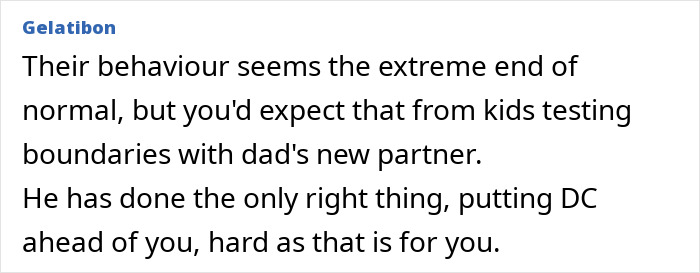 Text comment about stepmom dealing with stepkids' behavior and dad's reaction, posted by user Gelatibon. Text comment about stepmom dealing with stepkids' behavior and dad's reaction, posted by user Gelatibon.