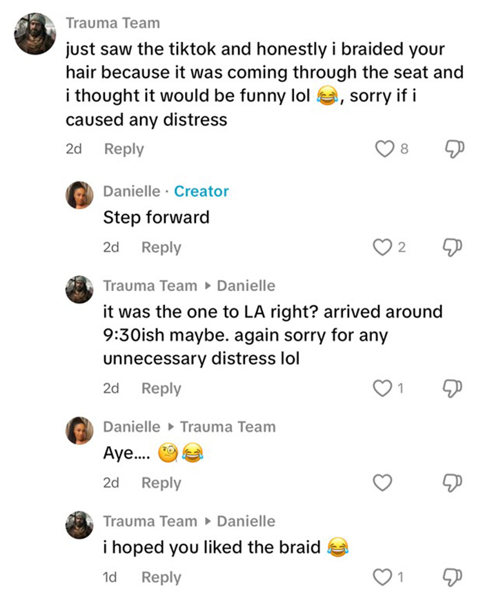 Flight hair braiding incident discussed in viral comments exchange, highlighting reactions and apologies. Flight hair braiding incident discussed in viral comments exchange, highlighting reactions and apologies.