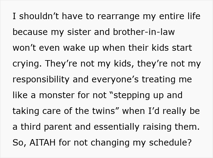 Text discussing babysitting nephews and not rearranging schedule. Text discussing babysitting nephews and not rearranging schedule.