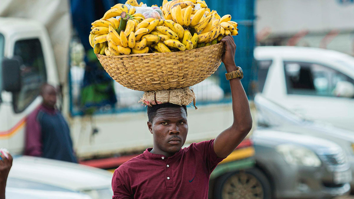 Man carrying a basket of bananas on his head in a busy street, showing a super normal thing in the country.