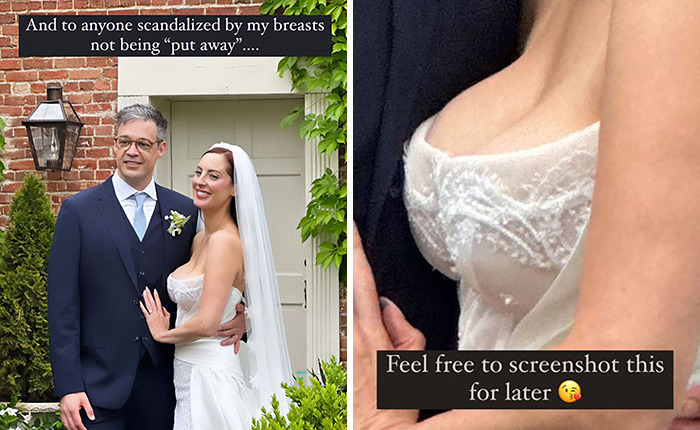 Bride with man outdoors, a close-up of her cleavage, addresses reactions to her revealing dress. Bride with man outdoors, a close-up of her cleavage, addresses reactions to her revealing dress.